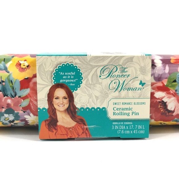 The Pioneer Woman Ceramic Rolling Pin Sweet Romance Blossom w/Acacia Handles NEW - Picture 10 of 12